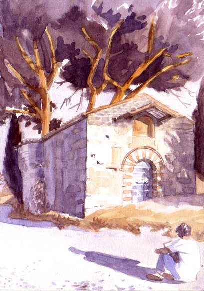 Abbazia San Quirico near Cannara, watercolor, 2010